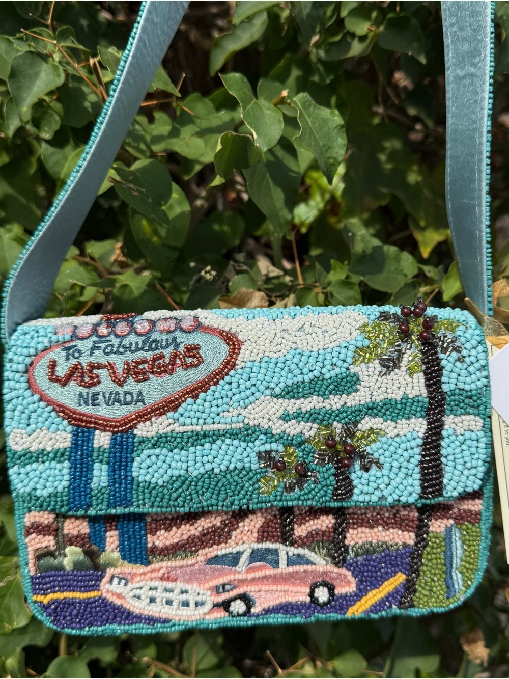 NWT Fabulous Las Vegas Car Palm Trees Striped Made in India Shoulder Beaded Bag